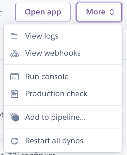 Heroku logs are accessed from the More menu